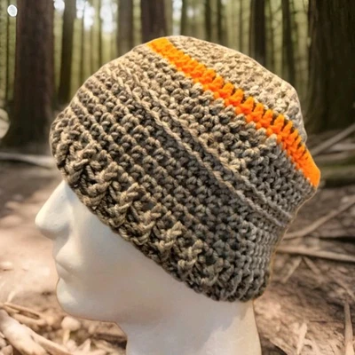 Mens New Crochet Beanie WalnutCamo Size Large With Safety Orange Stripe - Image 1 of 4