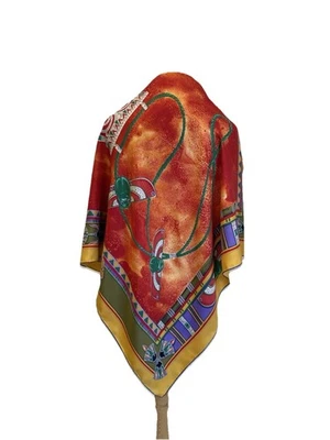 Y6# Must De Cartier Silk Scarf Egyptian Revival Jewel Print Red Orange Gold - Image 1 of 4