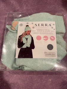 SERRA ladies 3 piece hat, glove and scarf set NWOT, light green with brown pomp - Picture 1 of 2