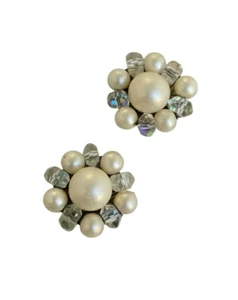 Vintage Japan Faux Pearl and Crystal Bead Cluster Clip Earrings - Picture 1 of 6