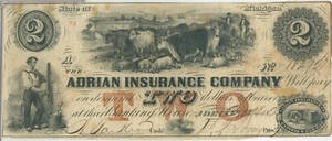1850s $2 Adrian Insurance Company Note Currency Obsolete michigan  - SR934 - Picture 1 of 2