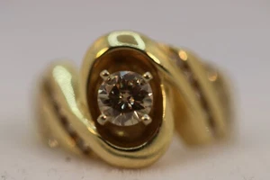 HEAVY 14K YELLOW GOLD CHAMPAGNE DIAMOND SIDE ACCENTS ENGAGEMENT WEDDING RING - Picture 1 of 17