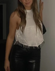BNWT White ZARA Diamante Jewel Fringe Trim Satin Halter Top XL 14/16 - Picture 1 of 5
