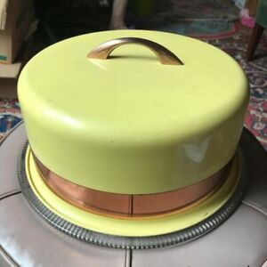 MCM Yellow Metal Enamelware Cake Cover, Copper Band/Handle, Glass Cake Plate