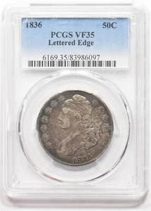 1836 gedeckte Büste halber Dollar 90 % silber mit Buchstaben versehene Kante PCGS VF35 PC1618 - Bild 1 von 2