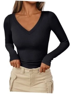 Womens Long Sleeve Shirts Fall Outfits Fashion Tops V Neck Ribbed Medium Black - Picture 1 of 6