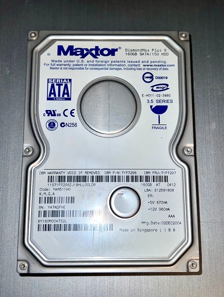 Maxtor Diamondmax Plus 9- 71P7297, 71P7296, 6Y160M0 160GB SATA HD CODE YAR511W0 - Image 1 of 1
