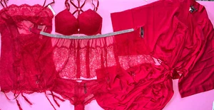 Victoria's Secret 34A BOMBSHELL BRA SET+M garter SLIP+skirt+ROBE RED SHINE STRAP - Picture 1 of 12