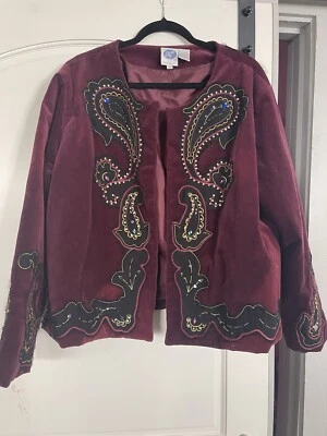 Velvet Wine Coat Diane Gilman DG2 Ornate Sequins Beads 2X Lined - Image 1 of 4