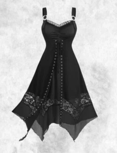 Nuevo Vestido Largo Negro Gótico Corsé Malla Encaje Dobladillo Tachonado Talla 4XL 24 26 28 - Imagen 1 de 5
