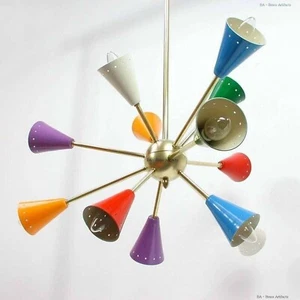 CONE COLORFUL FIXTURE BRASS ANTIQUE SPUTNIK CHANDELIER VINTAGE STILNOVO ITALIAN - Picture 1 of 3