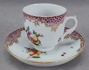 18th Century Cozzi Hand Painted Fruits Purple Fishscales & Gold Cup & Saucer - Picture 1 of 15