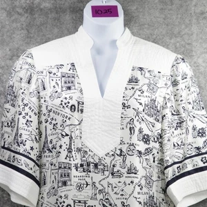 Tory Burch Tunic Top Womens 12 White Navy Silk Cotton Travel Map Print V Neck - Picture 1 of 11