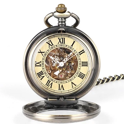 Vintage Mechanical Pocket Watch for Men – Skeleton Dial Manual Wind 14.8in Chain - Image 1 of 4
