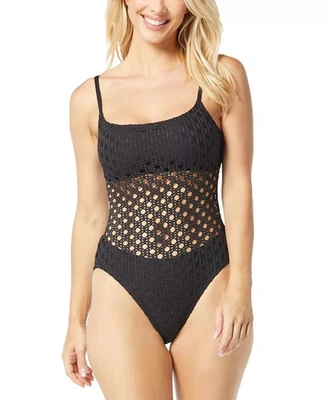 Carmen Marc Valvo Sz 10 Womens Crochet Swimsuit Black One-Piece Slimming Bikini - Image 1 of 4