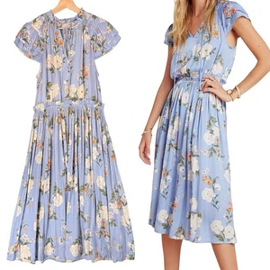 Current Air Pleated Midi Dress Floral Womens SIZE MEDIUM Silky Baby Blue Cottage - Picture 1 of 13