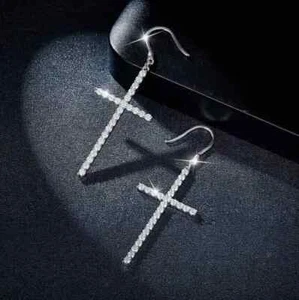 2Ct Round Lab Created Diamond Full Oversized Cross Earrings 14KWhite Gold Plated - Picture 1 of 7