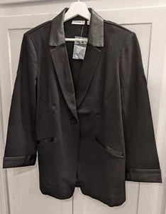 Susan Graver Women's Sz 12P Black Faux Leather Trim Ponte Blazer Stretch Jacket  - Picture 1 of 5