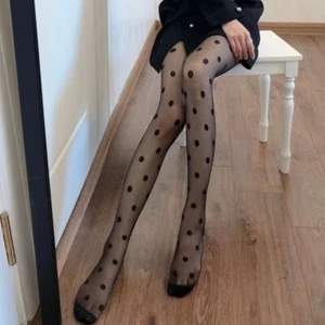 NEW LARGE POLKA DOT PRINT PANTYHOSE SHAPED STOCKINGS TIGHTS BLACK THIN SHEER - Picture 1 of 7