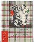 Vtg CHRISTMAS CARD-apx 3.75x4.75 Plaid Card w/Two Puppies - Season's Greetings