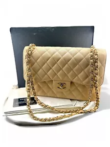 2014-2015 Chanel Beige Caviar Quilted Jumbo Double Flap Bag Gold Hardware In Box - Picture 1 of 11