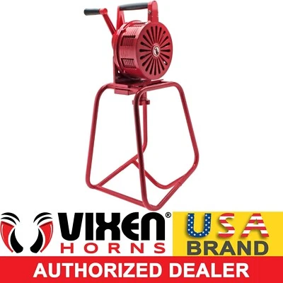 VIXEN HORNS LOUD HAND CRANK MANUAL OPERATED AIR RAID SIREN ALARM W/STAND METAL PORTABLE RED