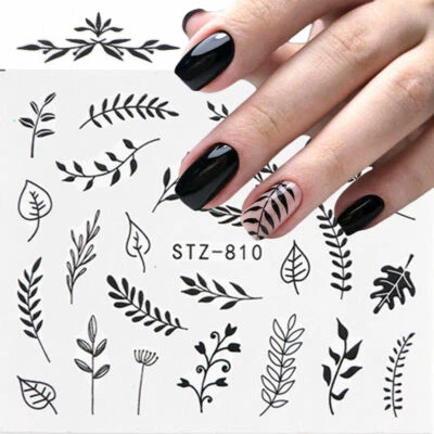Nail Art Water Decals Stickers Transfers Black Leaf Flowers Fern Floral (810)