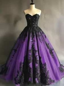 Gothic Strapless Wedding Dresses Black Lace Appliques Full Length Bridal Gowns - Picture 1 of 26