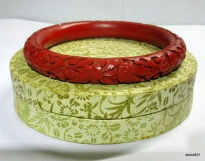 Vintage Carved Red Cinnabar Bangle Bracelet With Original Round Gift Box - Picture 1 of 7