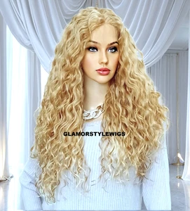 30'' LACE FRONT FULL WIG LONG CURLY LAYERED MEDIUM BLONDE MIX F27.613 HEAT OK - Picture 1 of 5