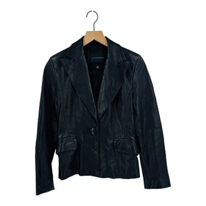 Chaqueta Blazer Y2K Banana Republic Cuero Negro Forrada con Botones Talla 4 - Imagen 1 de 9