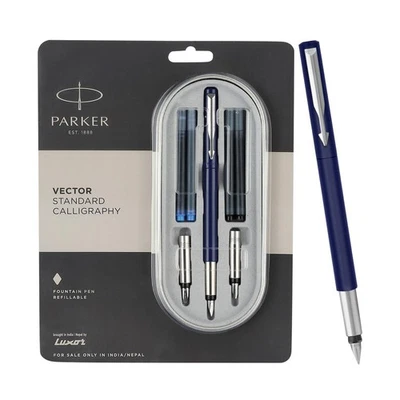 Parker Vector Calligraphy Fountain Pen Set Chrome Trim 2 Nibs, 2 Blue & 2 Black - image 1 of 4