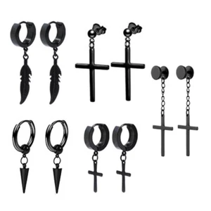 Corss Pendant Earrings Stainless Steel Hoop Stud Ear Jewelry Punk Men Hip Hot - Picture 1 of 12