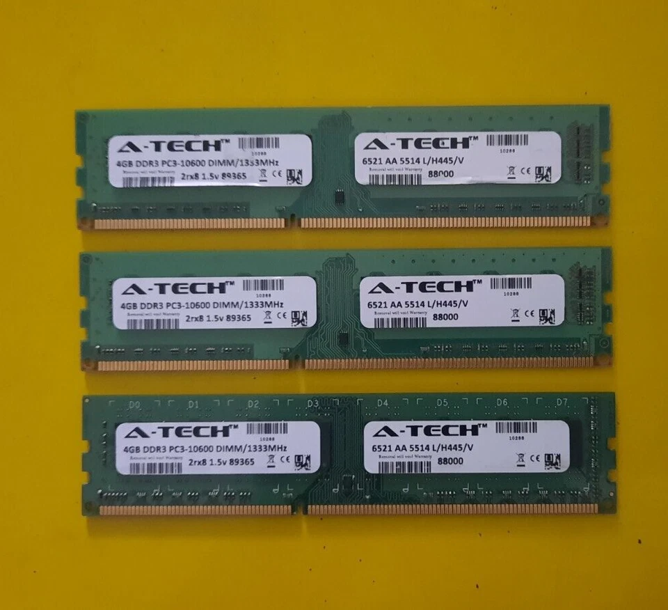 A-Tech 12GB (3x4GB) RAM Memory PC3-10600 (DDR3-1333) (AT4G1D3D1333ND8N15V) - Image 1 of 1