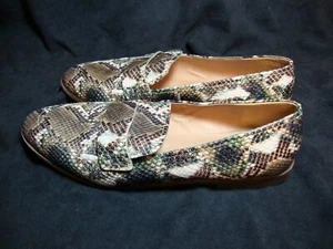 EUC Madewell 11 Leather Embossed Snake Print Green Brown Cream Penny Loafers - Picture 1 of 7