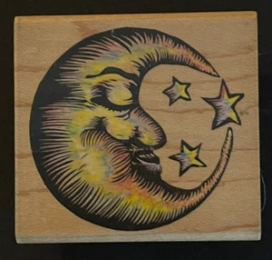 Schlafender Halbmond Gesicht Sterne Himmelskörper Astronomie Symbol Holz Stempel - Bild 1 von 4