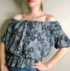 Free People grau schwarz Blumenmuster Schulterfrei Puffärmel Top Größe Medium - Bild 1 von 9