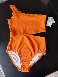 NEW OLD NAVY Kid Girl Orange SCALLOP TRIM ONE SHOULDER ONE PIECE SWIMSUIT XL 14 - Picture 1 of 6