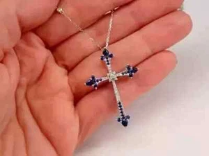 14K White Gold Plated 2Ct Pear Round Lab-Created Sapphire Diamond Cross Pendant - Picture 1 of 2