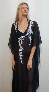 Black Mesh Kaftan With White Embroidery - Ladies Long Dress Beachwear - Picture 1 of 6