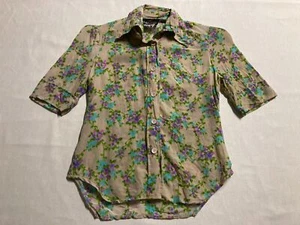 Vintage JUGGS Busty Retro 1970s Floral Ladies Shirt Beige SZ12 Purple Blue - Picture 1 of 7