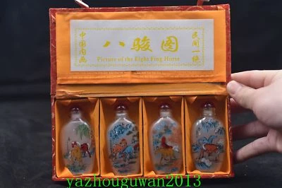 4pc Chinese folk Inside painted Eight Horses Fig glass SNUFF BOTTLE - Image 1 of 4