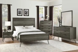 4 PC 3-TONE GREY RUSTIC ACACIA WOOD PLANK DESIGN QUEEN BED NS DRESSER FURNITURE - Picture 1 of 15