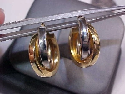 ESTATE 14K SOLID YELLOW AND WHITE GOLD HOOP EARRINGS SNAP CLOSURE - Image 1 of 4