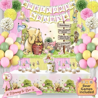 Decoração Winnie The Pooh rosa amarelo e verde para balões de chá de bebê pano de fundo menina - Imagem 1 de 4