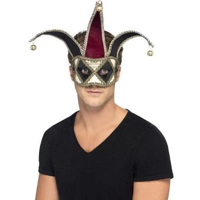 Men's Venetian Filigree Jester Masquerade Mask with Bells - Image 1 of 3