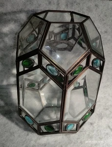 Bevelled Glass & Blue, Green Bead Hexaganol Lantern Pendant Lamp Shade 28cm Vtge - Picture 1 of 15