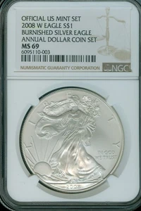 2008-W  ANNUAL $1 SET  burnished  SILVER EAGLE NGC MS69 - Picture 1 of 2