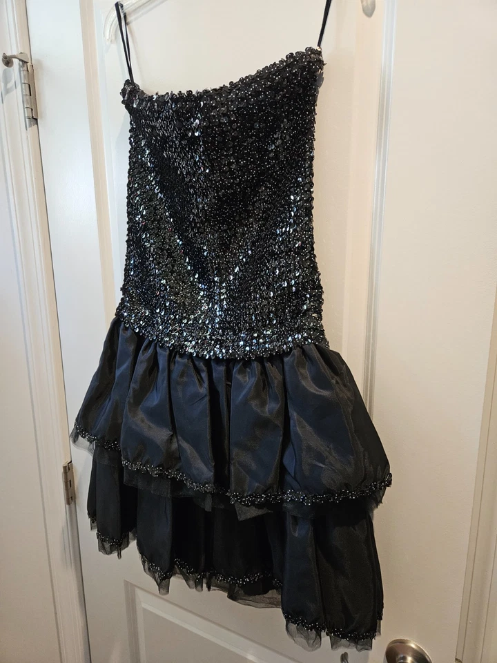 Flirtations by Alfred Angelo Black Sequin and netting mini cocktail dress Size L - Image 1 of 4