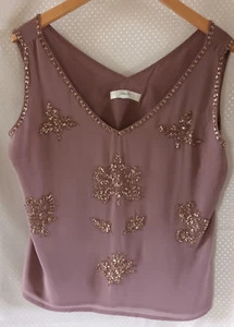 NEXT Plum Sequin Bead Chiffon Lined Sleeveless V Neck & Back Occasion Top UK M - Picture 1 of 14